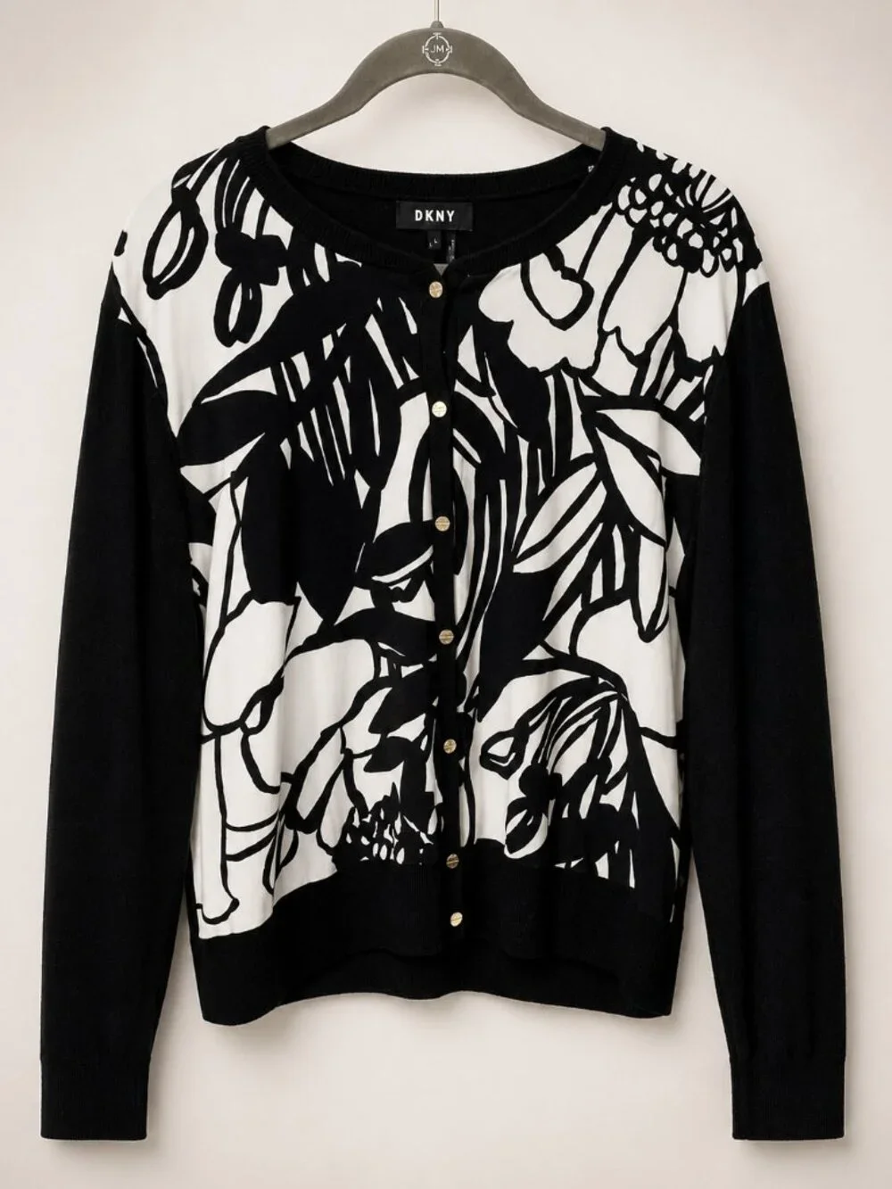 DKNY Black and White Floral Cardigan Women's Large